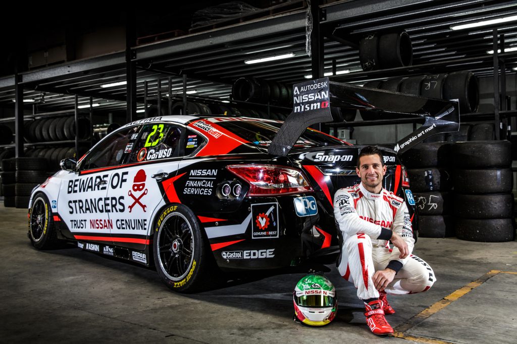 Supercars driver Michael Caruso with his Nissan Altima in new livery.